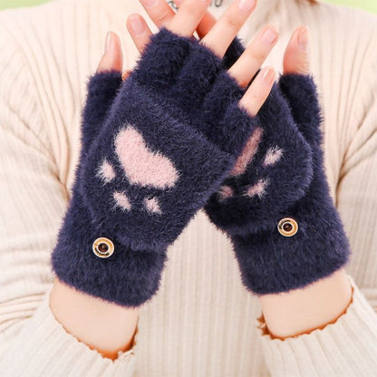 Women's Cartoon Cat's Paw Winter Warm Veet Padded Thickened Half Gloves