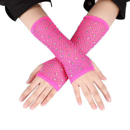 Rhinestone Mid-length Mesh Disco Stretch Colorful Gloves