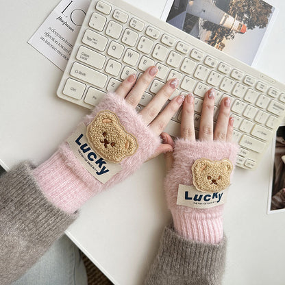 Half Finger Cartoon Knitted Bracers Thick Gloves