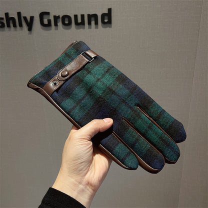 Men's Leather Patchwork Plaid Thermal Fleece-lined Thickened Gloves