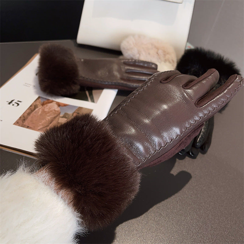 Women's Leather Rhinestone Imitation Rabbit Fur Mouth Color Gloves