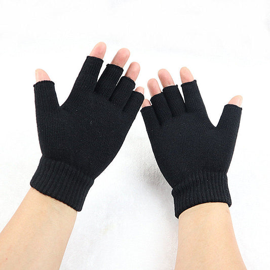 Women's & Men's Black Half Finger Adult Open Wool Gloves