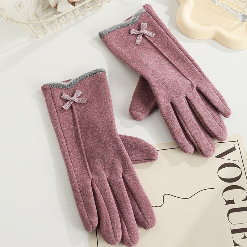 Women's Angora Fleece-lined Bow Outdoor Driving Cycling Sports Cute Gloves