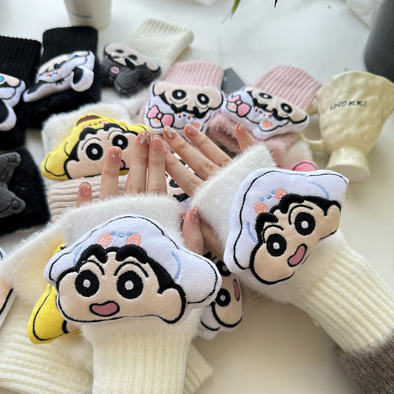 Half Finger Cartoon Knitted Bracers Thick Gloves