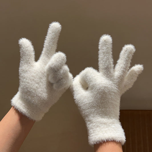 Rabbit Fur Plush Female Winter Fleece-lined Gloves