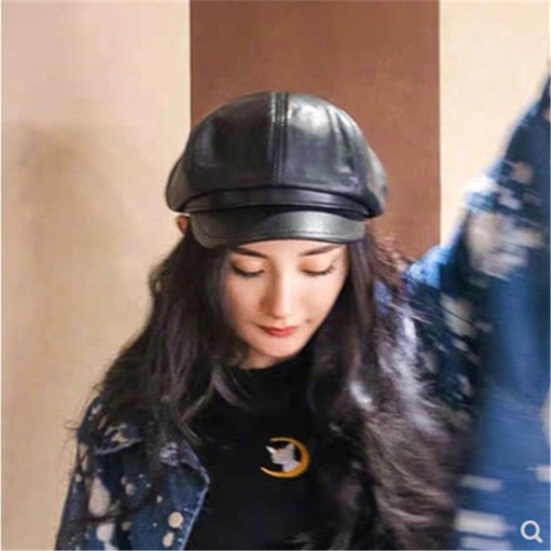 Women's Leather Octagonal Korean British Retro Beret Kids' Headwear