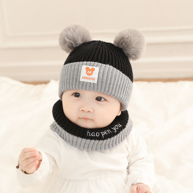 Boys Woolen Cute Thickened Warm Knitted 2 Pieces Kids' Headwear