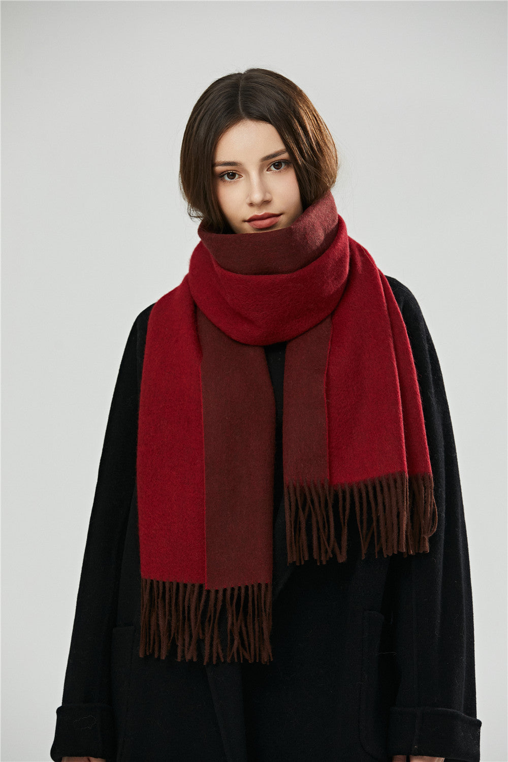 Women's Plain Wool Monochrome Tassel Double-sided Shawl Scarfs