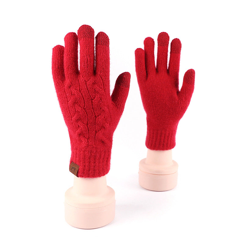 Wool Knitted Plaid Fleece-lined Thickened Cycling Five-finger Gloves