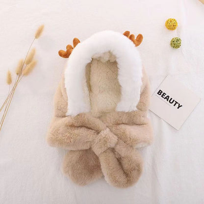 Children's Antlers Plush Bonnet Integrated Thickened Cold Kids' Headwear