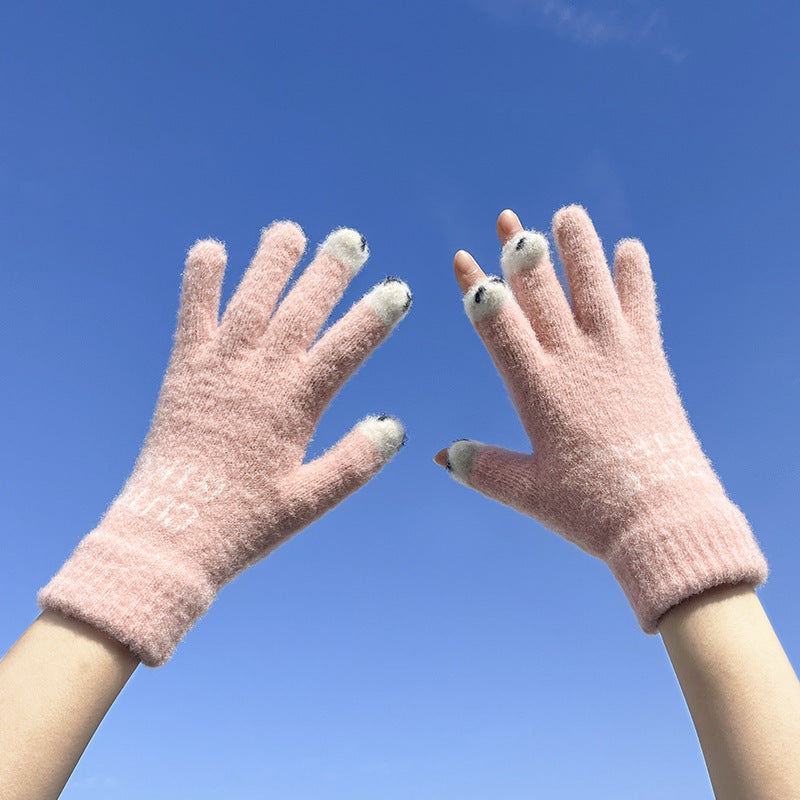 Full Leakage Fleece-lined Thickened Cute Cartoon Gloves