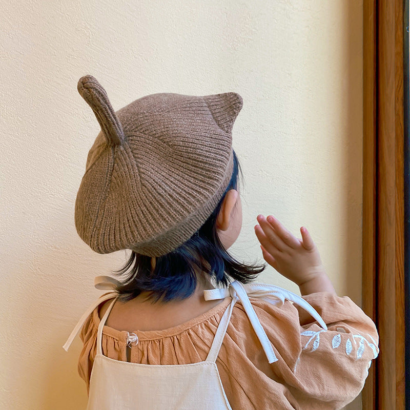 Western Style Beret Plus Lining Kitten Tail Cute Kids' Headwear