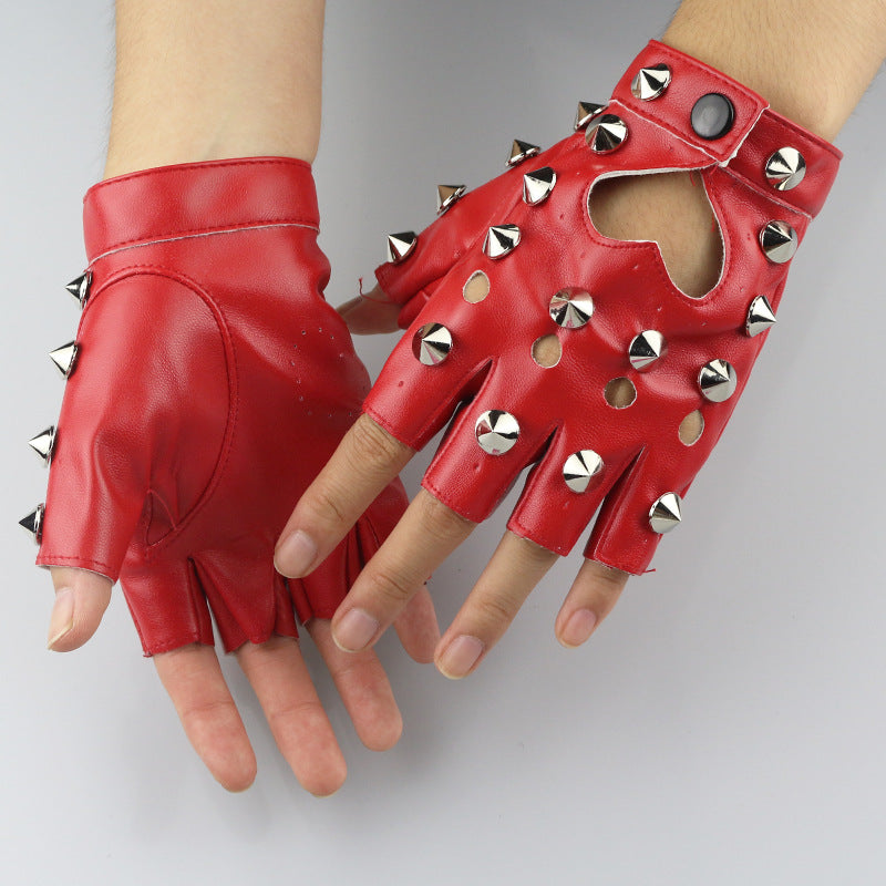 Women's Dancing Half Finger Leather Ding Design Fashion Punk Gloves