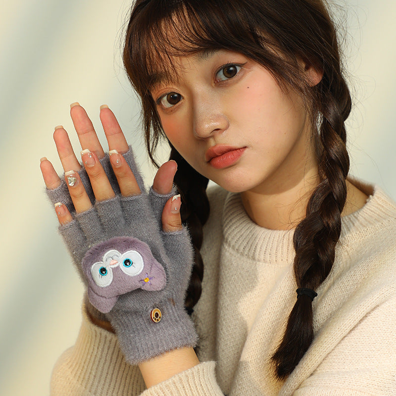 Women's Plush Cute Fleece-lined Open Finger Warm Gloves