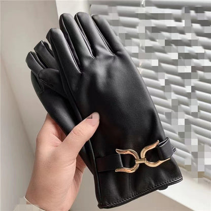 Women's Fleece-lined Metal Buckle Elegant Protein Leather Five Finger Gloves