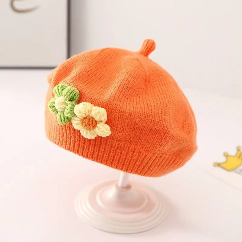 Hat Knitted Beret Cute Flower Painter Kids' Headwear