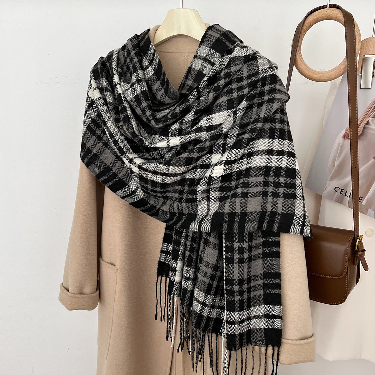 Women's Slouchy Plaid Korean Tassel Shawl Scarfs