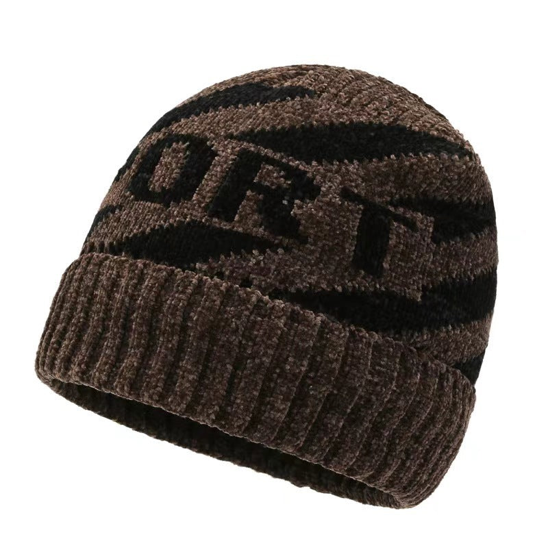 Men's Warm Knitted Chenille Jacquard Pullover Two-piece Hats & Caps