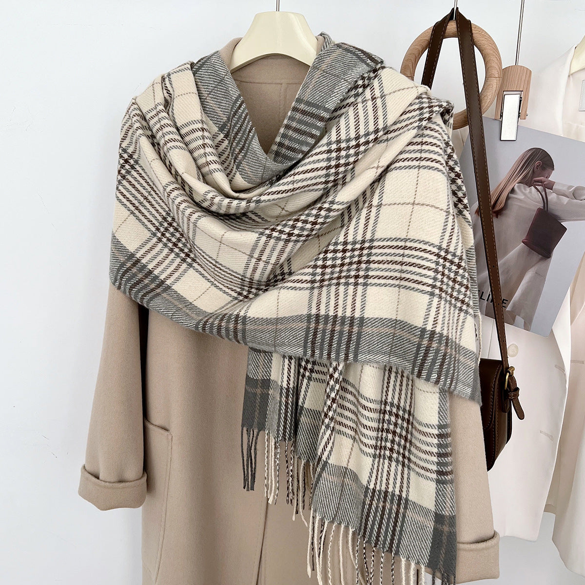 Women's Slouchy Plaid Korean Tassel Shawl Scarfs