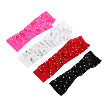 Rhinestone Mid-length Mesh Disco Stretch Colorful Gloves