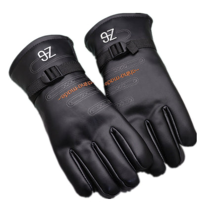 Men's Leather Thickened Version Long Veet Lining Warm Cycling Gloves