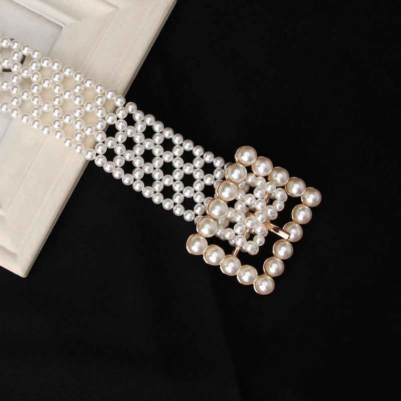 Women's Lady Sweet Fashion Imitation Pearl Woven Waist Chain Belts