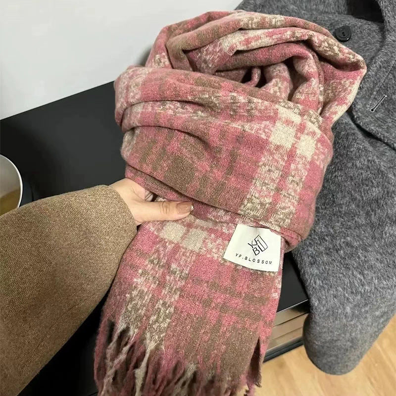 Women's Thick Checks Korean Warm Dry Rose Pink White Soft Scarfs