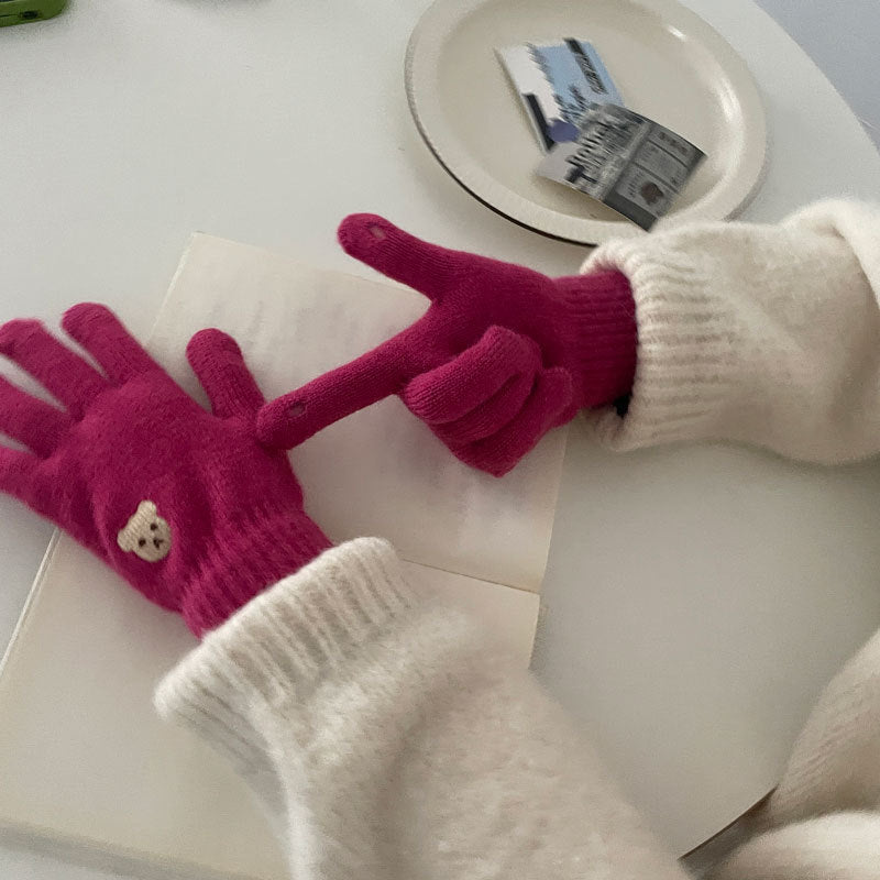 Cute Bear Five Finger Knitted Touch Screen Keep Gloves