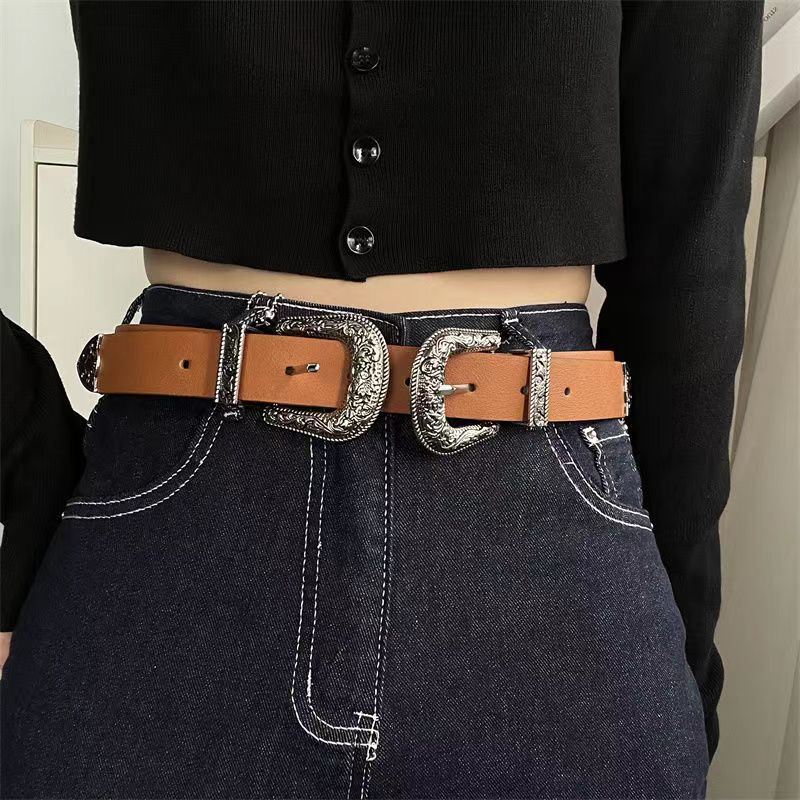 Women's & Men's Three-piece Set Complex Carved Popular Double Belts