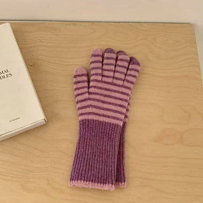 Wool Striped Knitted Finger Touch Screen Gloves