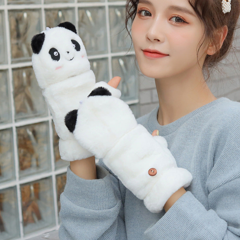 Winter Half Finger Flip Warm Thickened Cute Panda Veet Gloves