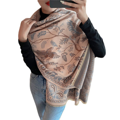 Women's Version Retro Ethnic Style Blue Bird Winter High-grade Scarfs