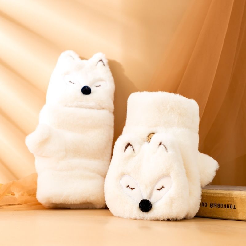 Fleece-lined Thickened Cartoon Cute Korean Style Little Fox Open Gloves