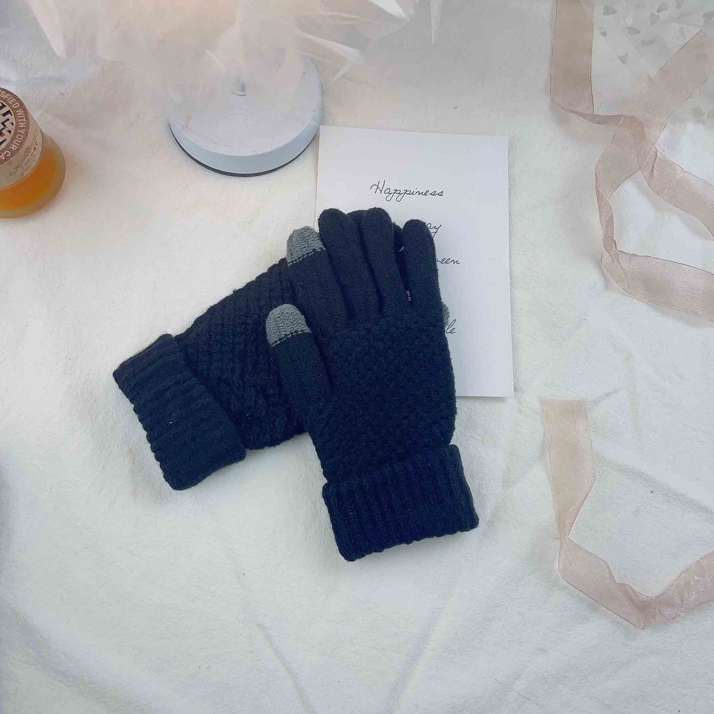 Women's & Men's Finger Wool Pure Color Warm Keeping Gloves