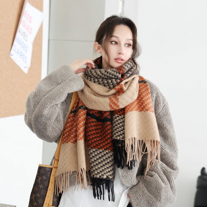 Women's Color Matching Plaid Thickened Warm Tassel Striped Shawl Scarfs