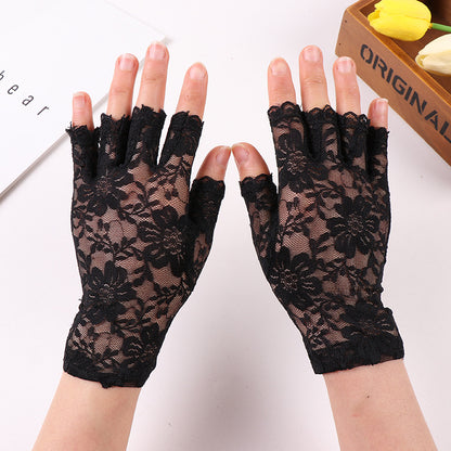 Half Finger Female Flower Black Sexy Cutout Mesh Gloves