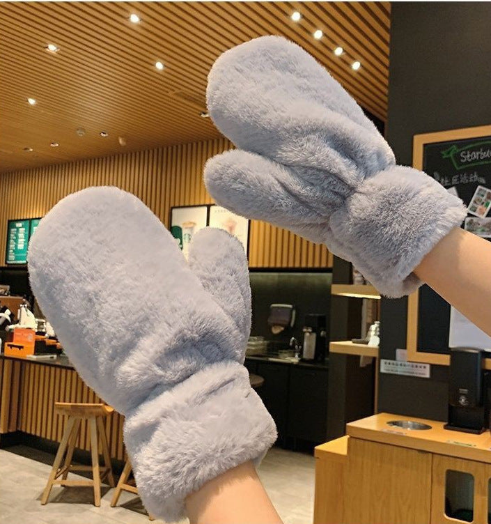 Men's Plush Thickened Warm Female Finger Cute Gloves