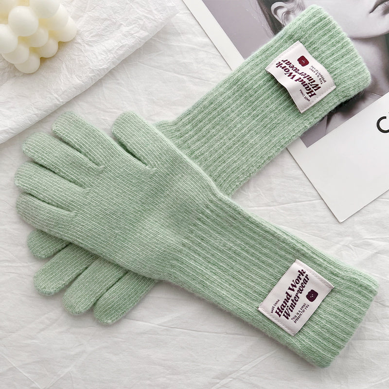 Women's Korean Style Solid Color Labeling Long Knitted Wool Finger Gloves