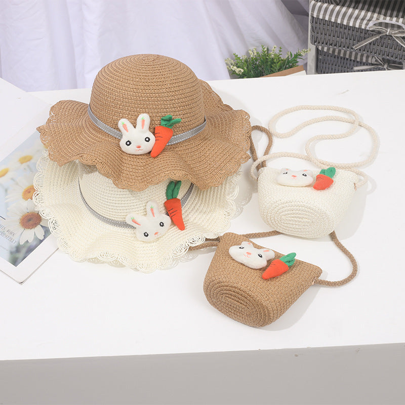 Children's Straw Hat Summer Sun Protection Bag Set Korean Style Kids' Headwear