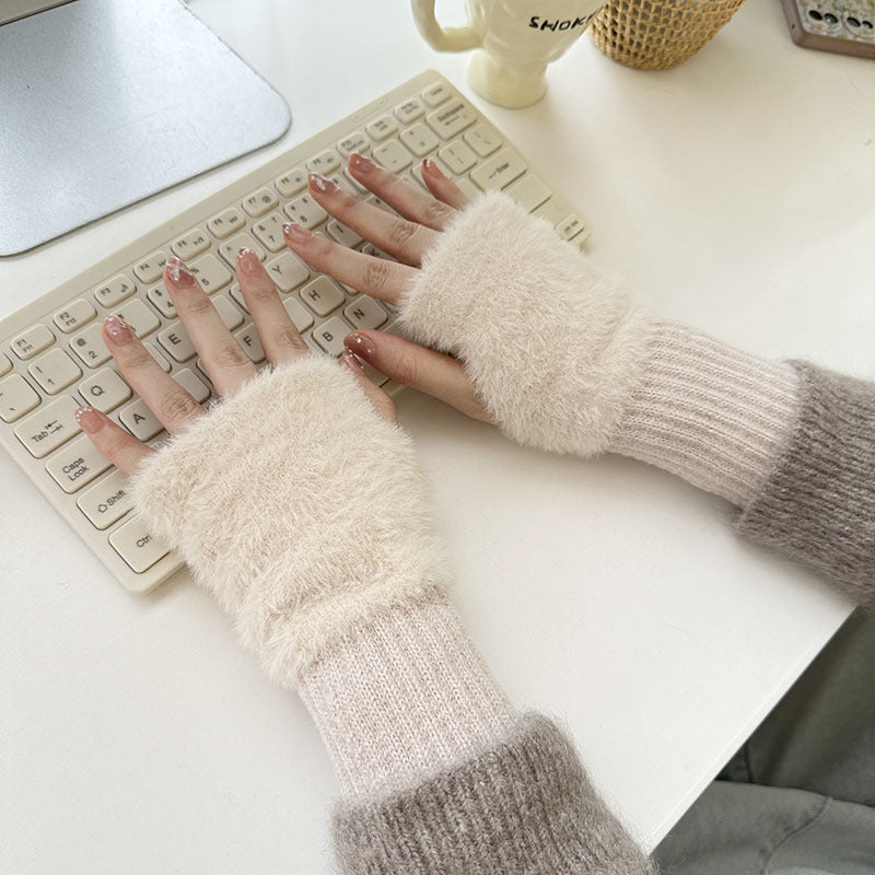 Half Finger Cartoon Knitted Bracers Thick Gloves