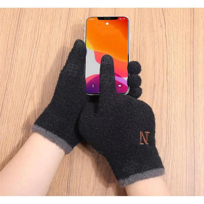 Screen Knitted Thickened Fleece-lined Full Finger Five Embroidery Gloves