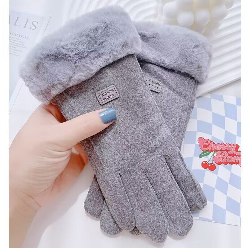 Women's Fleece-lined Thick Cute Windproof Plush Angora Cycling Driving Warm Gloves