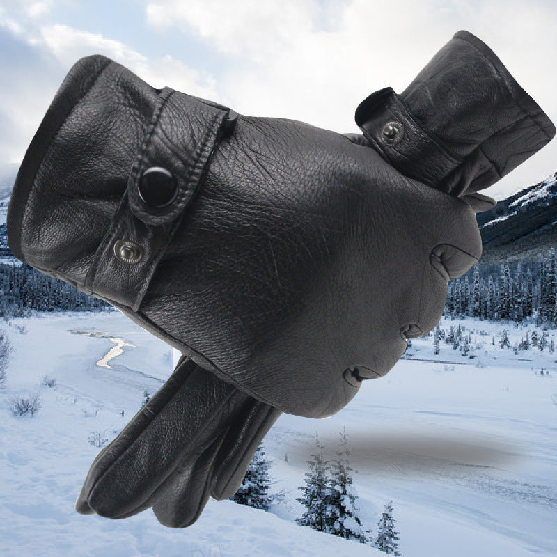 Men's Genuine Leather Fleece-lined Riding Motorcycle Thickened Gloves