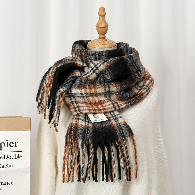 Temperament Wild Mohair Check Winter Soft Glutinous Tassel Scarfs