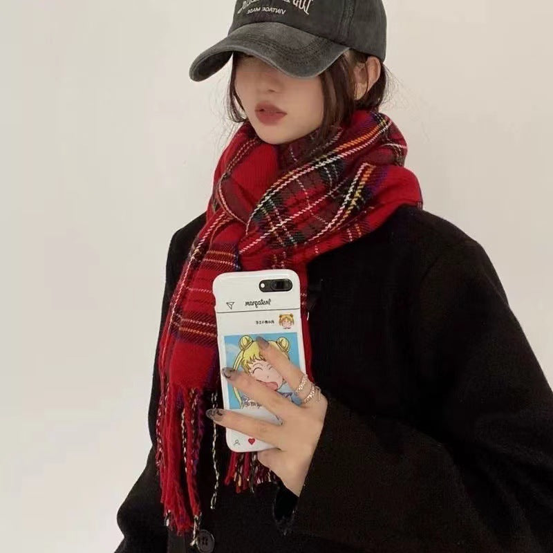 Women's Red Winter Plaid Korean Style Versatile Scarfs