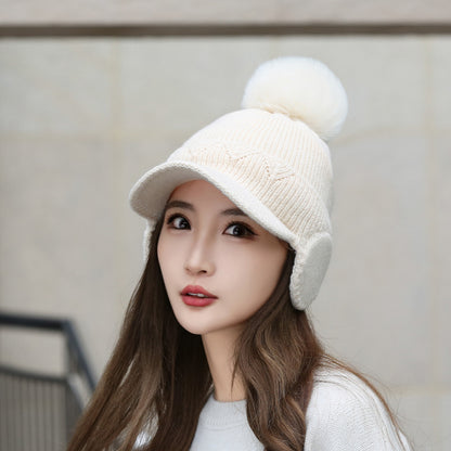 Women's Knitted Woolen Korean Style Fashion Veet Padded Thick Hats & Caps