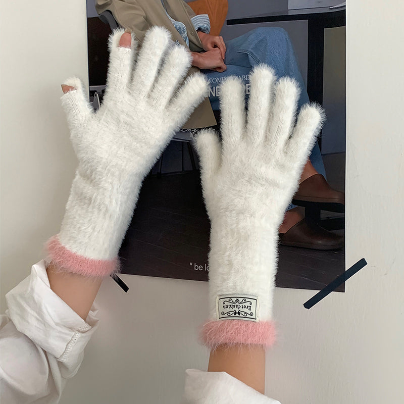 Plush Open Finger Touch Screen Five Female Winter Gloves