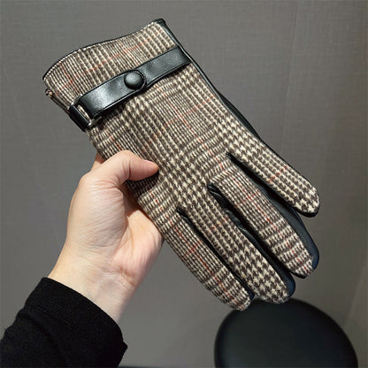 Men's Leather Patchwork Plaid Thermal Fleece-lined Thickened Gloves