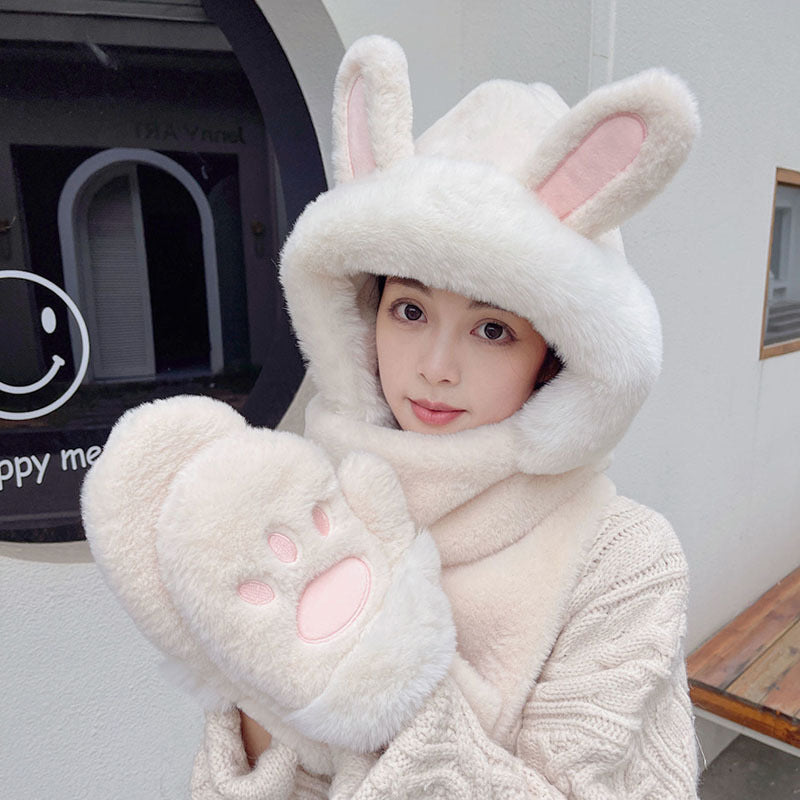 Women's Style Hat Three-piece Set Cute Rabbit Hats & Caps