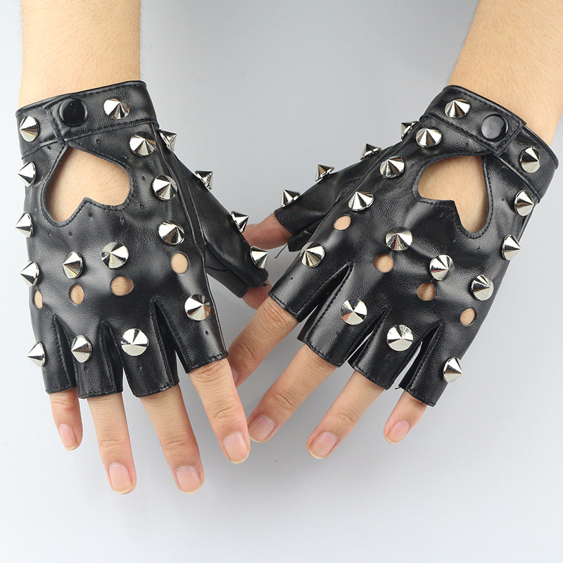 Women's Dancing Half Finger Leather Ding Design Fashion Punk Gloves